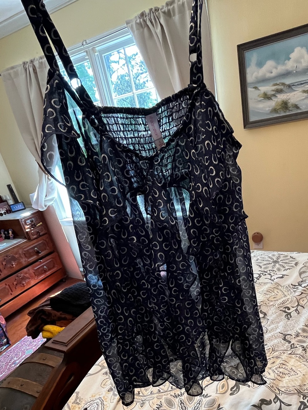 Xhilaration Sheer Navy Horseshoe Cami with Ruffled Front - Size S